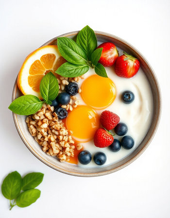 Healthy breakfast bowl with oatmeal, yogurt, berries and fruitsの写真素材