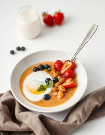 Creamy soup with berries and poached egg on white backgroundの写真素材