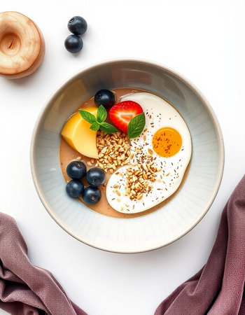 Healthy breakfast bowl with oatmeal porridge, yogurt, fruits and berries.