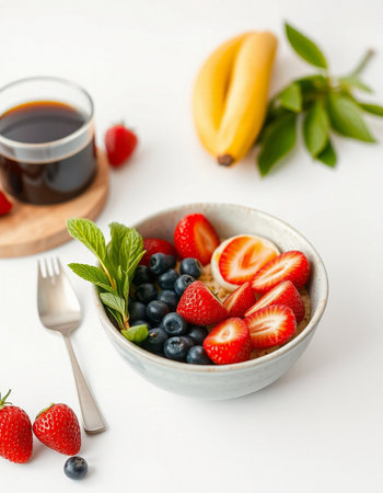 Healthy breakfast. Bowl of oatmeal with fresh berries and cup of coffee on white background.の写真素材