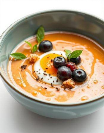 tomato soup with blueberries and egg in a bowl on white backgroundの写真素材