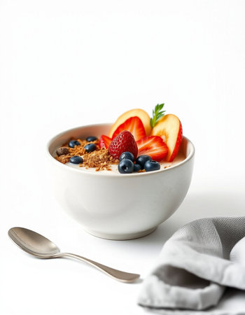 Healthy breakfast with muesli and fresh berries on white background