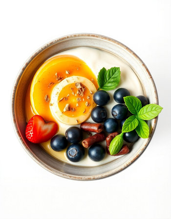 Panna cotta with fresh blueberries and strawberries on white background