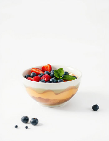 Bowl with fresh berries on white background. Healthy food concept.