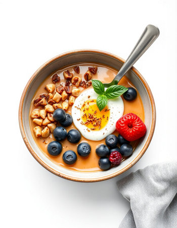 Breakfast bowl with oatmeal, berries and soft-boiled egg