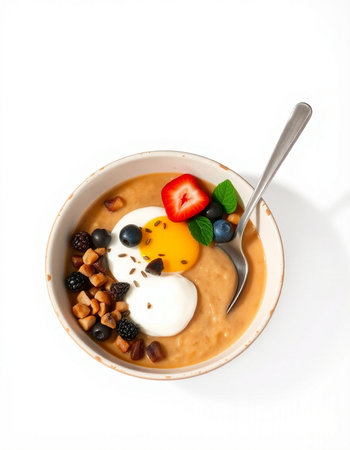 Bowl of breakfast porridge with poached egg and berries on white backgroundの写真素材