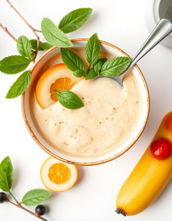 Mushroom cream soup with fresh basil leaves and fruits on white backgroundの写真素材