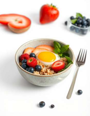Healthy breakfast with oatmeal, berries and fried egg on white backgroundの写真素材