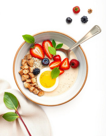Healthy breakfast bowl with oatmeal, berries and egg on white backgroundの写真素材
