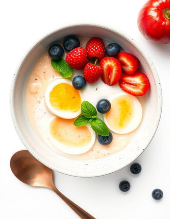 Yogurt with strawberries, blueberries and eggs on white backgroundの写真素材