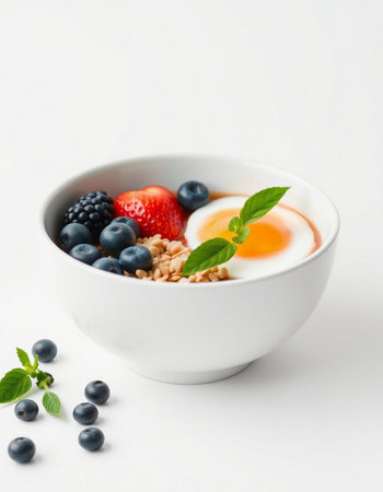 Healthy breakfast with oatmeal, fresh berries and egg on white background