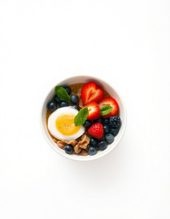 bowl of oatmeal with berries and egg on white background, top view