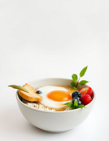 Breakfast with egg, toast, berries and mint on white background