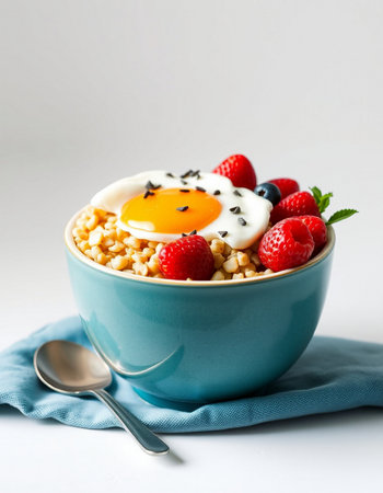 Bowl of oatmeal with fresh berries and fried egg on white background