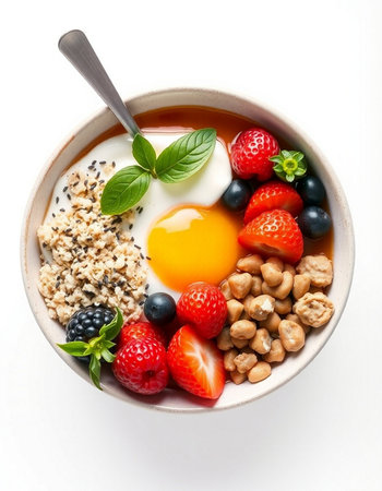 Healthy breakfast bowl with oatmeal, berries, nuts and honey on white background.