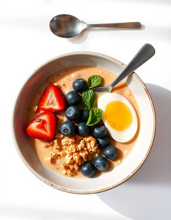 Oatmeal porridge with blueberries, strawberries and egg in bowl on white backgroundの写真素材
