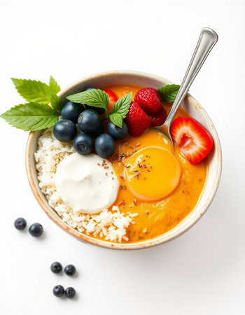 Healthy breakfast bowl with cottage cheese, berries and yoghurt