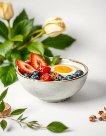 Healthy breakfast with fresh berries and fried egg in bowl on white backgroundの写真素材