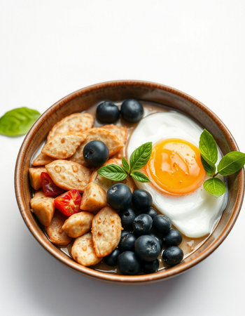 Bowl of omelet with blueberries, tomatoes and fried eggの写真素材