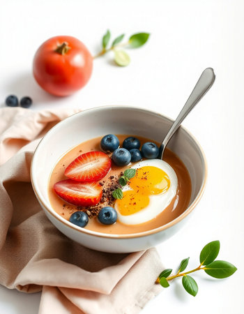 homemade yogurt with fresh berries and egg yolk on white backgroundの写真素材