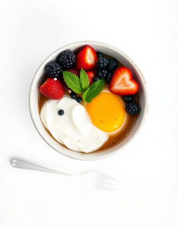Bowl of Yogurt with Berries and Eggs on White Backgroundの写真素材