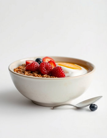 Muesli with yogurt and fresh berries in a bowl on white backgroundの写真素材