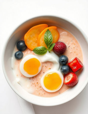 Healthy breakfast with yogurt, berries and eggs on white background.