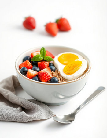Healthy breakfast with oatmeal, berries and egg on white background