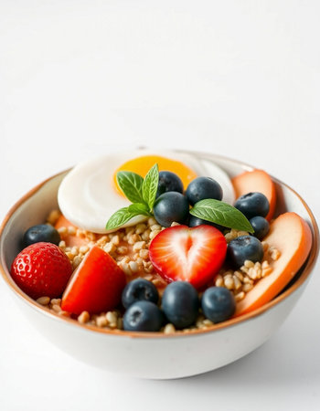 Healthy breakfast bowl with oatmeal, berries and eggs on white backgroundの写真素材