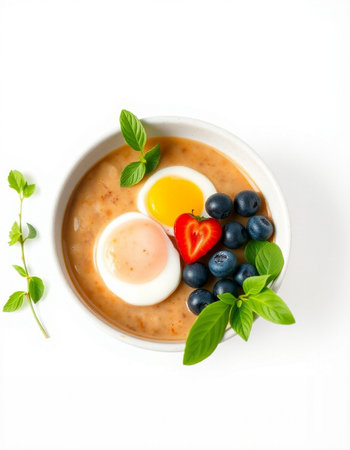 Soup with boiled eggs and fresh berries on a white background.