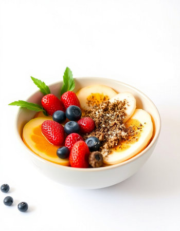Healthy breakfast with yogurt, fresh berries and granola on white backgroundの写真素材