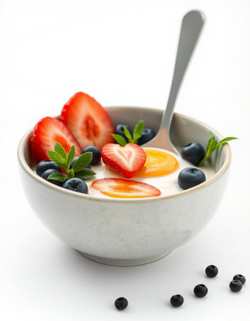 Yogurt with strawberries and blueberries in a bowl on a white background
