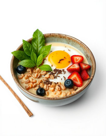 Breakfast bowl with oatmeal, berries and egg on white background