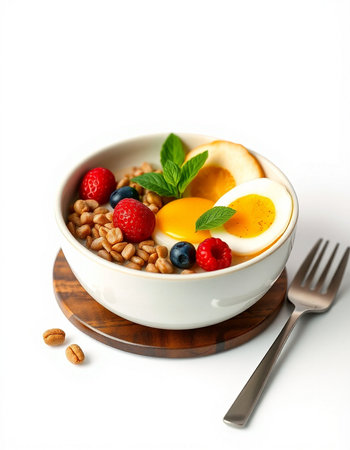 Bowl of oatmeal with fresh berries and egg on white backgroundの写真素材