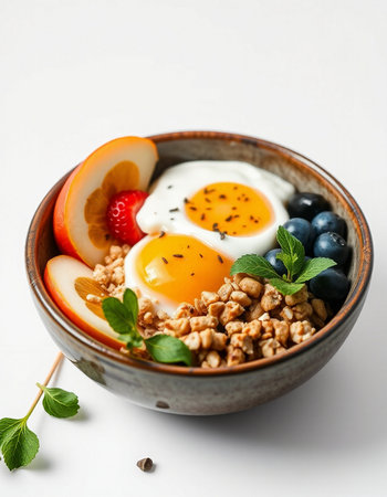 Healthy breakfast bowl with granola, eggs and berries on white backgroundの写真素材