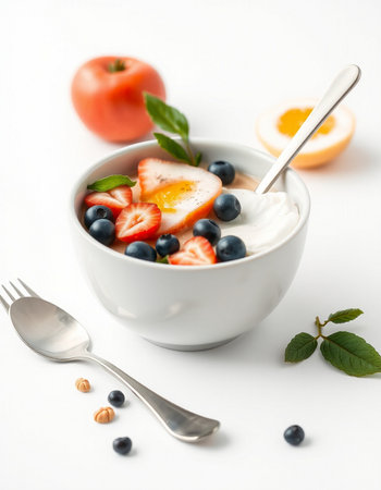Healthy breakfast with yogurt, berries and fruits on a white background