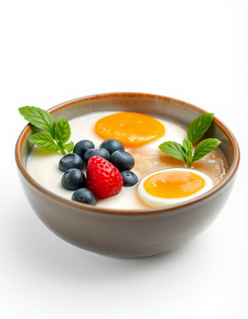 Bowl of yoghurt with berries and eggs on white background