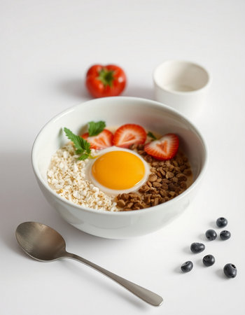 Healthy breakfast with oatmeal, berries and egg on white background