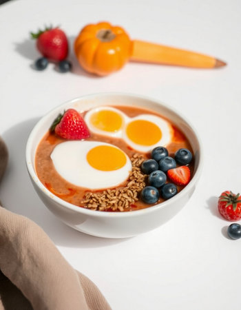 Healthy breakfast bowl with oatmeal, berries and eggs on white background