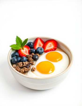 Yogurt with granola and fresh berries on a white background