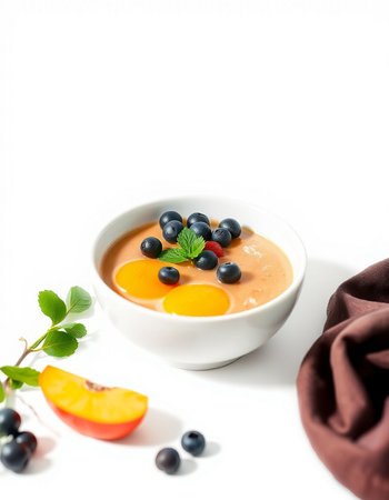 Creamy mousse with blueberries and peach on white backgroundの写真素材