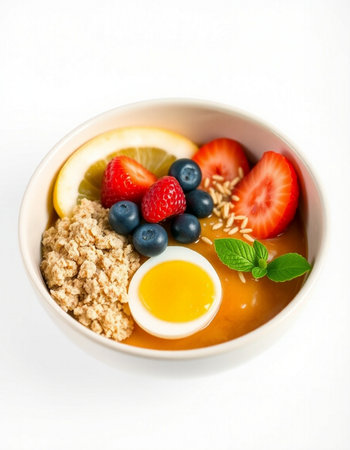 Oatmeal porridge with fresh berries and egg in a white bowl