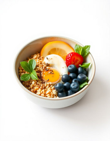Healthy breakfast bowl with muesli, berries and egg isolated on white