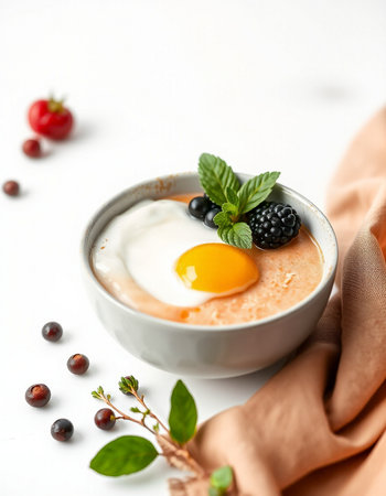 Healthy breakfast with yogurt, berries and fried egg on white backgroundの写真素材