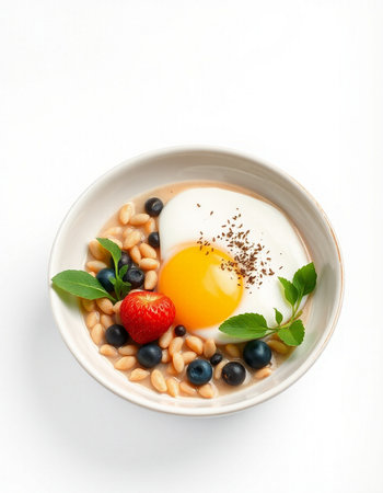 Breakfast with omelette, beans and berries on white backgroundの写真素材