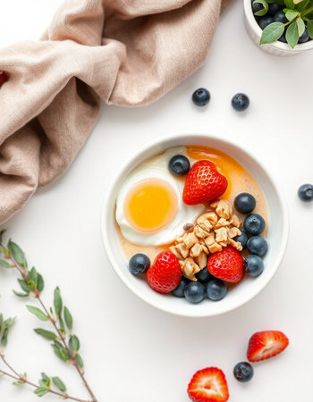 Healthy breakfast bowl with oatmeal, fresh berries and fried egg on white backgroundの写真素材