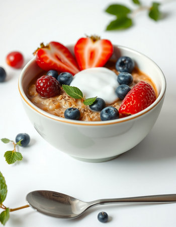 Healthy breakfast with oatmeal, berries and yogurt on white background