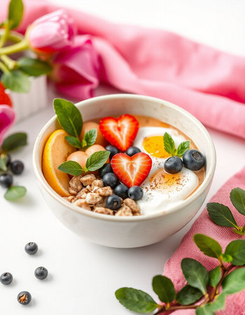 Healthy breakfast bowl with granola, yogurt and berries on white background