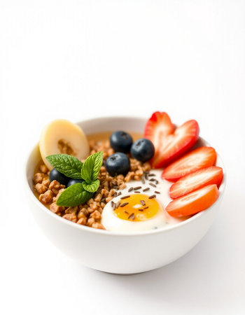Bowl of muesli with strawberries, blueberries and egg