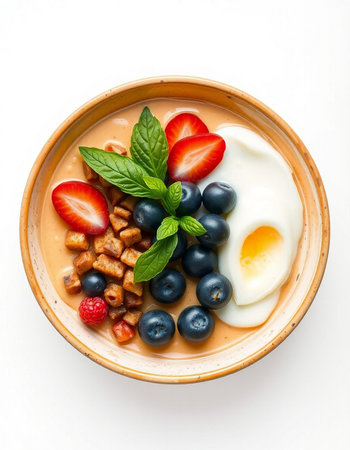 Healthy breakfast with oatmeal, berries and fried egg on white backgroundの写真素材